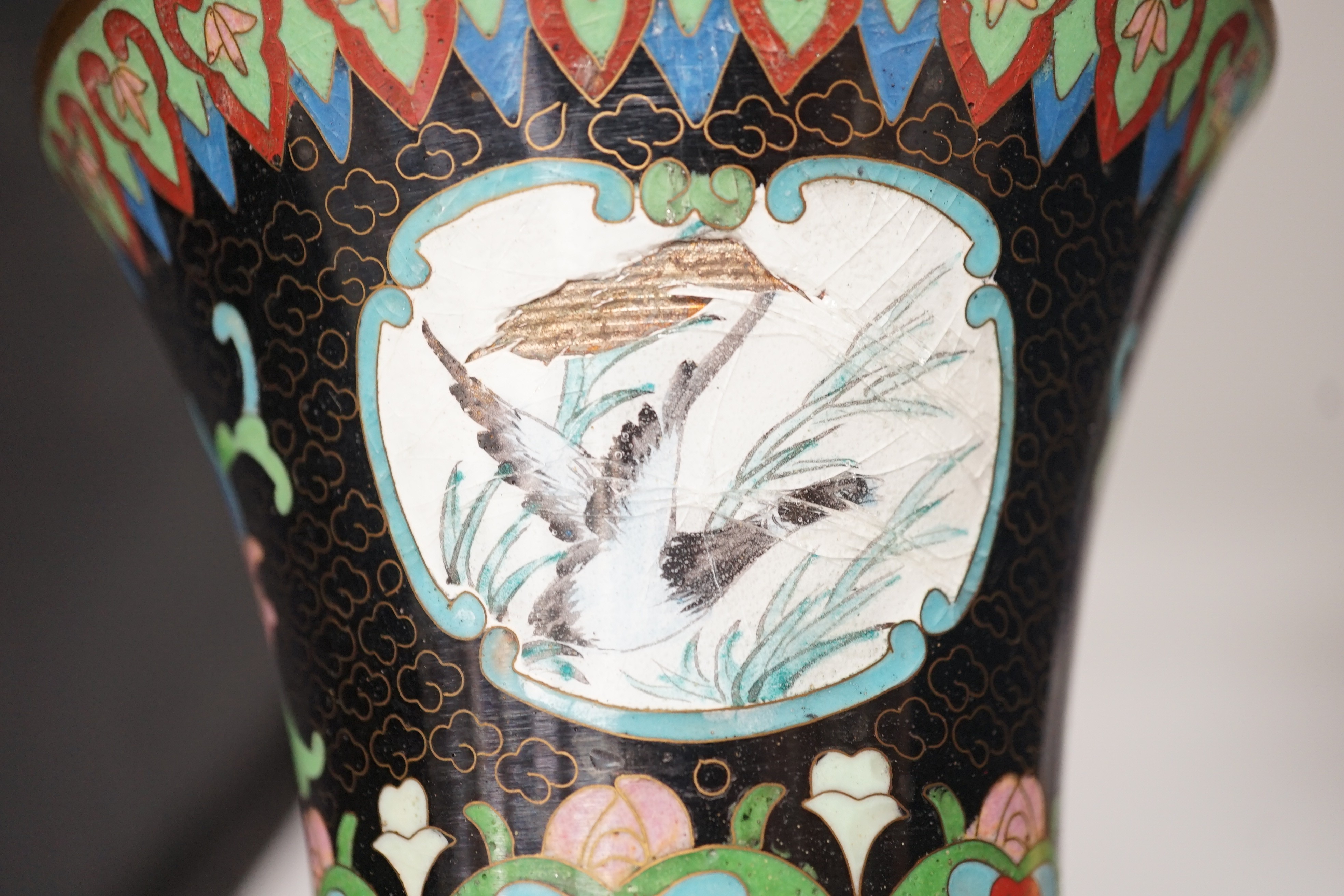 A pair of Chinese cloisonné enamel beaker vases and a dragon vase, pair of vases 27cm